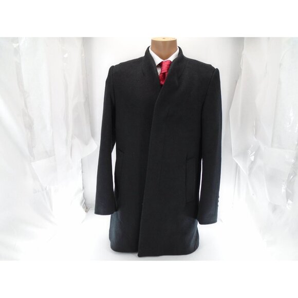 Men's Round collar Wool blend overcoat winter coat Black 40R - Picture 4 of 13